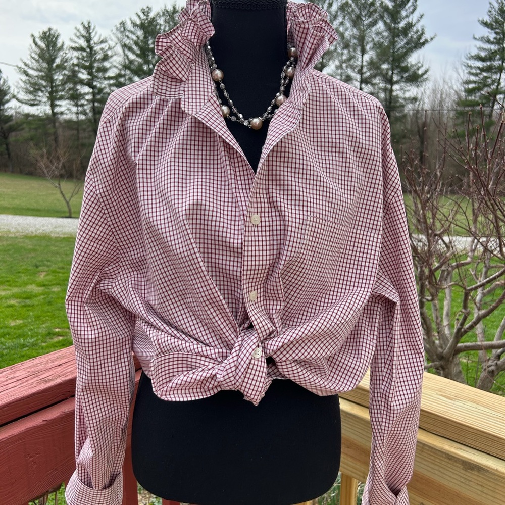 Women’s red  Checked Ruffle Collar Button-Up Top